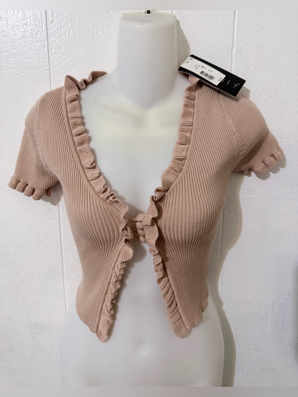 Say What? Taupe Ruffle Tie-Front Ribbed Crop Top - Picture 2 of 12